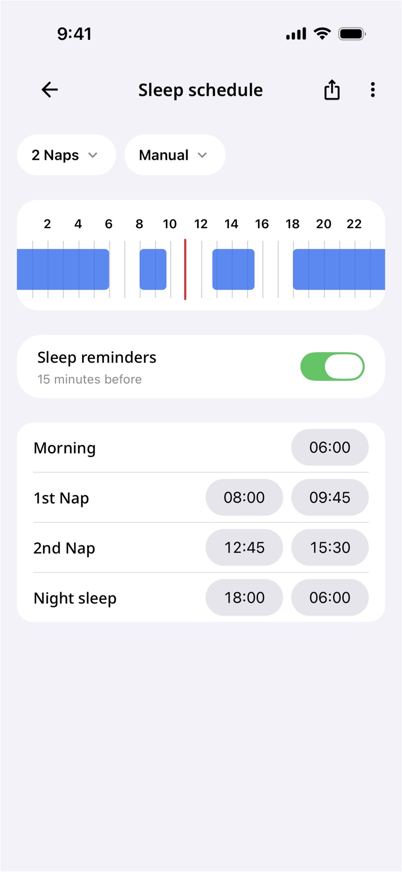 Baby Notes sleep schedule screen showing a personalized baby sleep plan