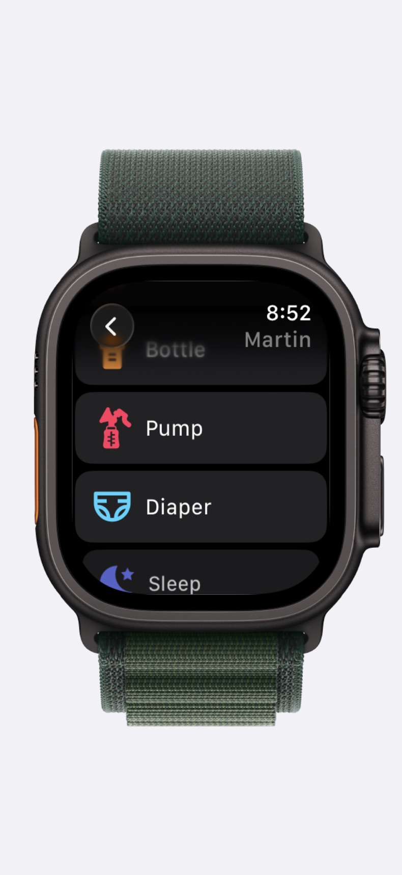 Baby Notes watch app showing baby activity tracking tools