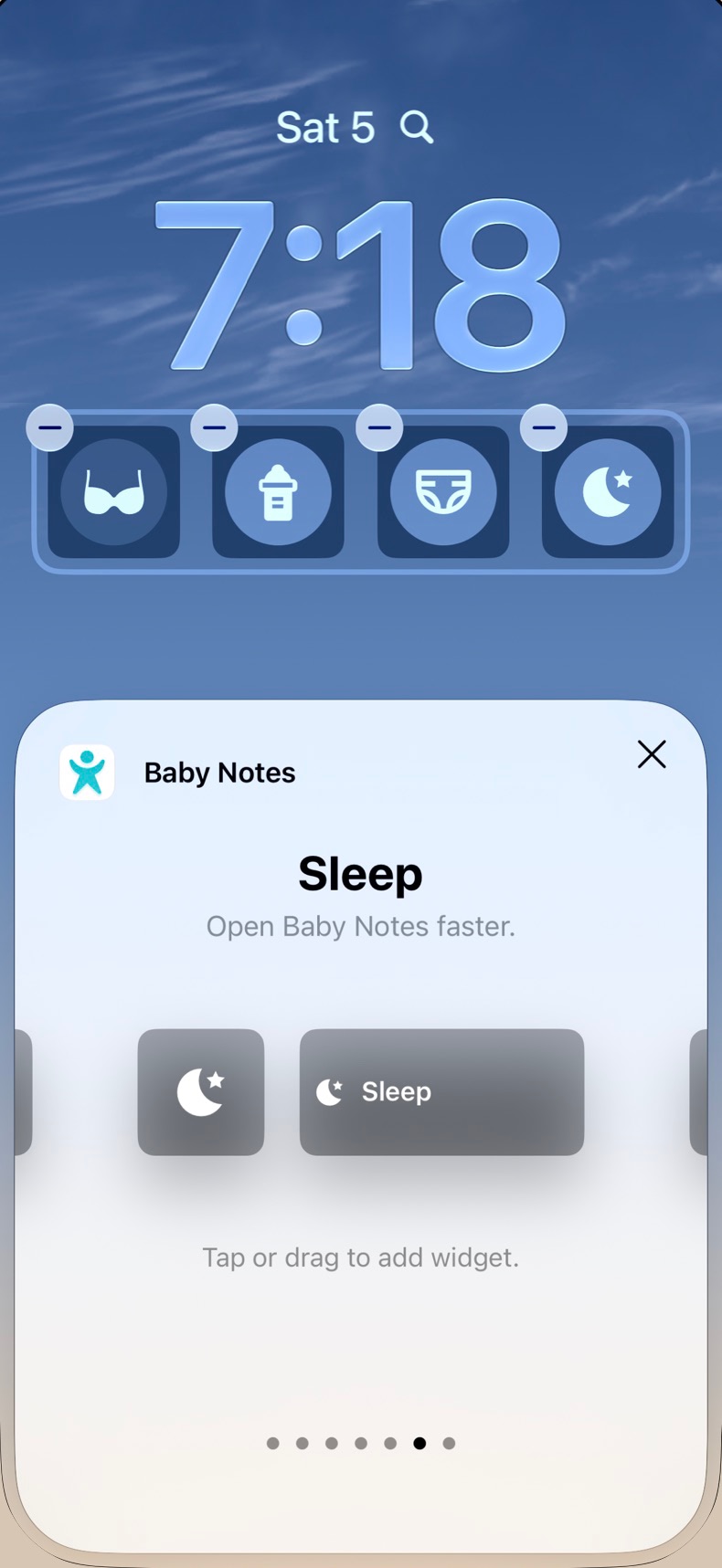 Baby Notes widgets showing tracking tools on the Lock Screen