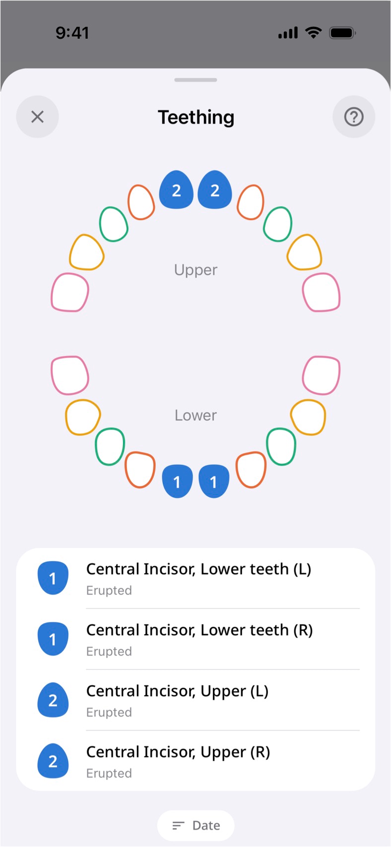 Teething tracking screen showing a baby tooth chart